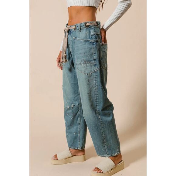 Bibi Braided Waist Belt Drip Painting Detail Washed Barrel Jeans Sz XL NEW NWT - Picture 3 of 16